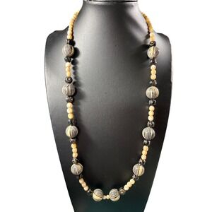 Vintage Boho Carved Geometric Bead & Shell Strand Necklace Cream Black Tan